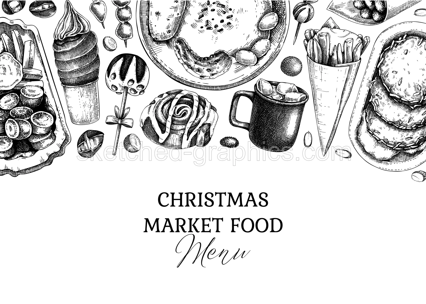 Vintage Christmas market food background. Fast food menu design. Hand-drawn vector illustration. Pastry, sweets, grilled sausages, hot drinks sketches. Christmas banner Illustration